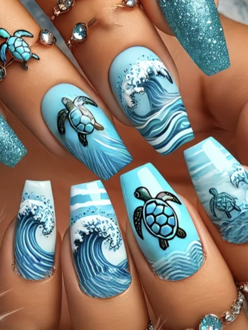 Beach Waves & Turtles Summer Ocean Themed Press-On Nails - Picture 5 of 10